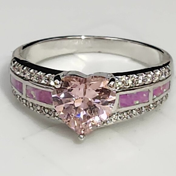 Fashion Jewelry Pink Heart CZ Ring Synthetic Opal Oval Silver Tone Size 9 NOS - Picture 10 of 10
